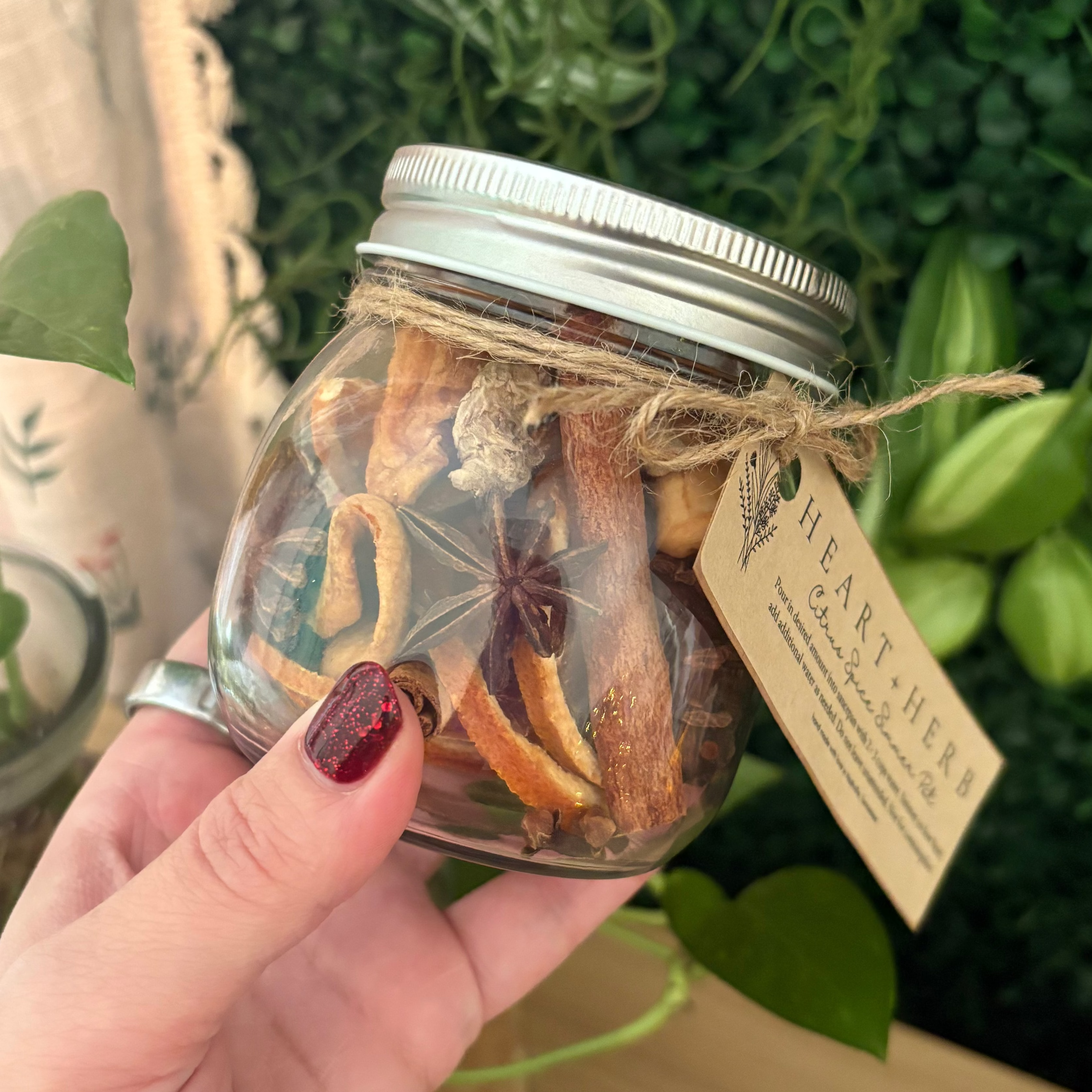 A hand with dark red nail polish holds a glass jar filled with dried botanicals, including orange slices and star anise, tied with twine and a paper tag that reads 'HERBAL JAR'. The background features a green leaf wall and a wooden surface.