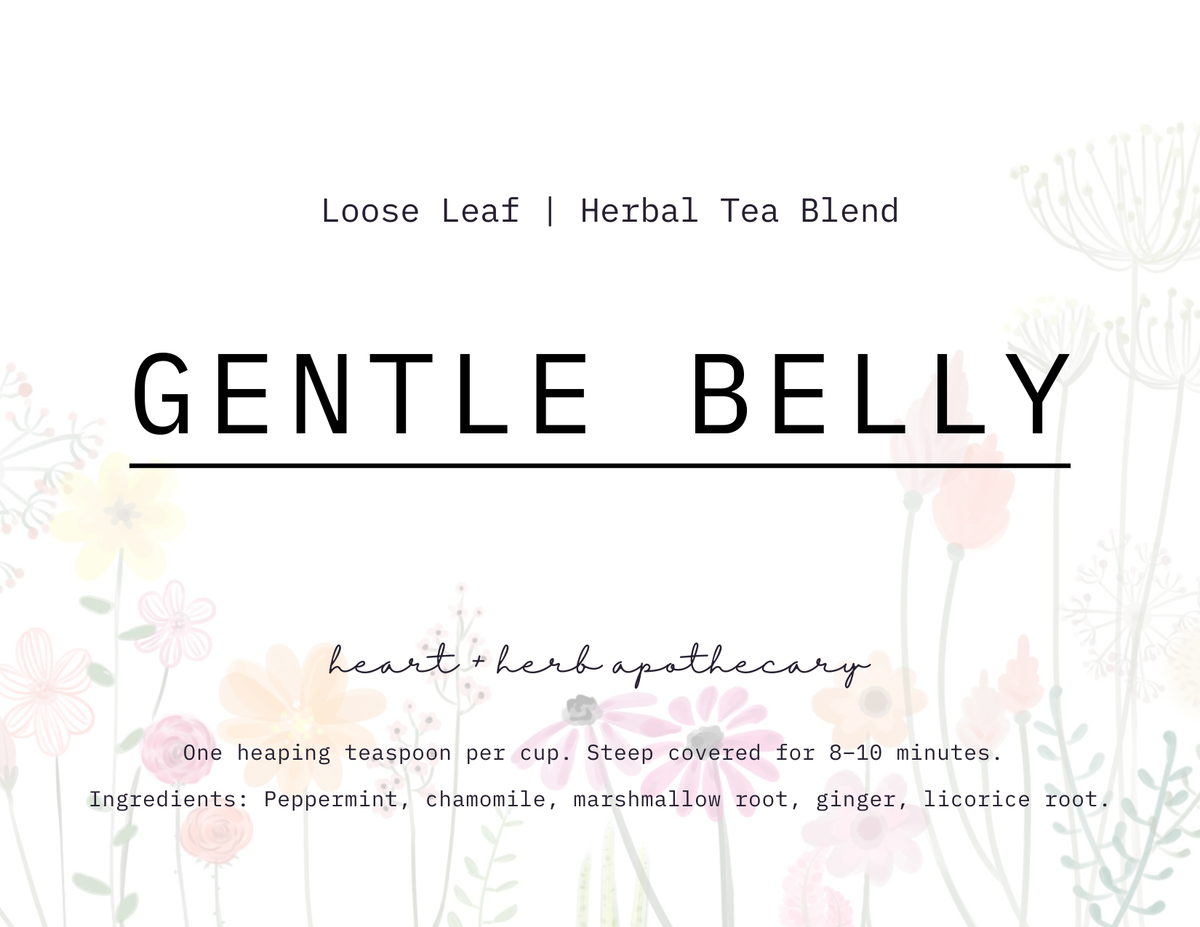 A product label or packaging graphic for 'Gentle Belly' loose leaf herbal tea blend. The design features a clean white background with delicate, faded pastel floral illustrations along the bottom borders and a central black text layout detailing the product name, brand 'heart & herb apothecary', brewing instructions, and a list of ingredients.